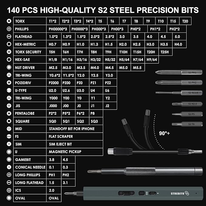 STREBITO Electric Screwdriver 155 in 1 Mini Electric Screwdriver Set, Max 5 N.m, 140 S2 Magnetic Bits, 3 Torque Settings, 650mAh Power Screwdriver Cordless Rechargeable, Repair Tool Kit for PC Phone
