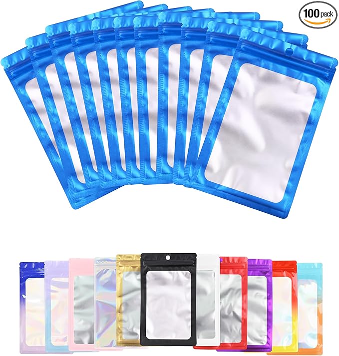100 Pack Resealable Plastic Bags for Food Storage, Zipper Bags with Clear Front Window, Packaging Pouch for Small Business (Blue, 4.7x7.9 inch)