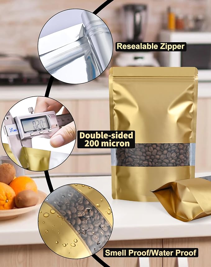 FireKylin 100 Pack Smell Proof Bags 5.9" x 8.6", Resealable Bags with Matte Window, Foil Pouch Stand Up Sealable Bags for Packaging(Gold)