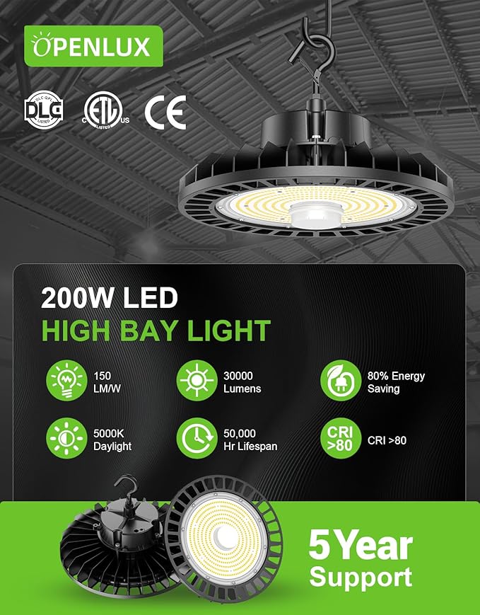 200W UFO LED High Bay Light Dimmable with Remote Control 30000lm 5000K UFO ETL DLC Listed High Bay LED Shop Lights for Warehouse Garage AC 100-277V