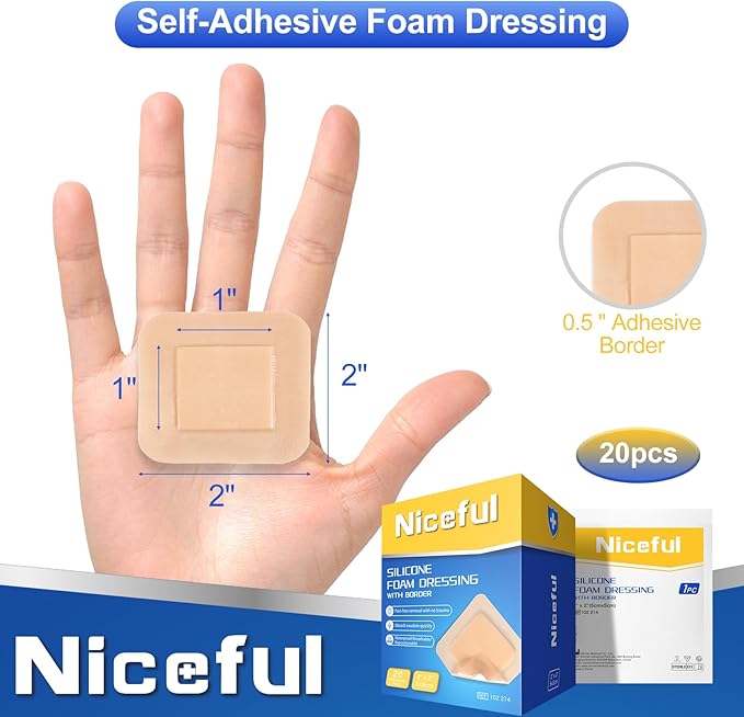 20 Count Silicone Foam Dressing Gentle Border 2 x 2 inch, Absorbent Silicone Bandages for Wounds, Waterproof Bed Sore Bandages Wound Dressing