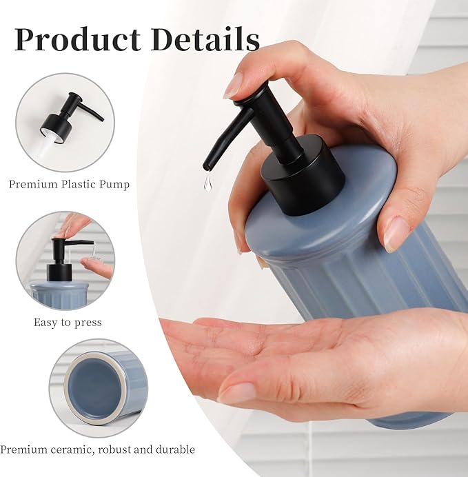 Soap Dispenser, Ceramic Liquid Dish Soap Dispenser 11.84OZ, Hand Soap Dispenser for Kitchen Bathroom, Refillable Shower Soap Dispenser, Blue-Grey, ANTIS'S HOME