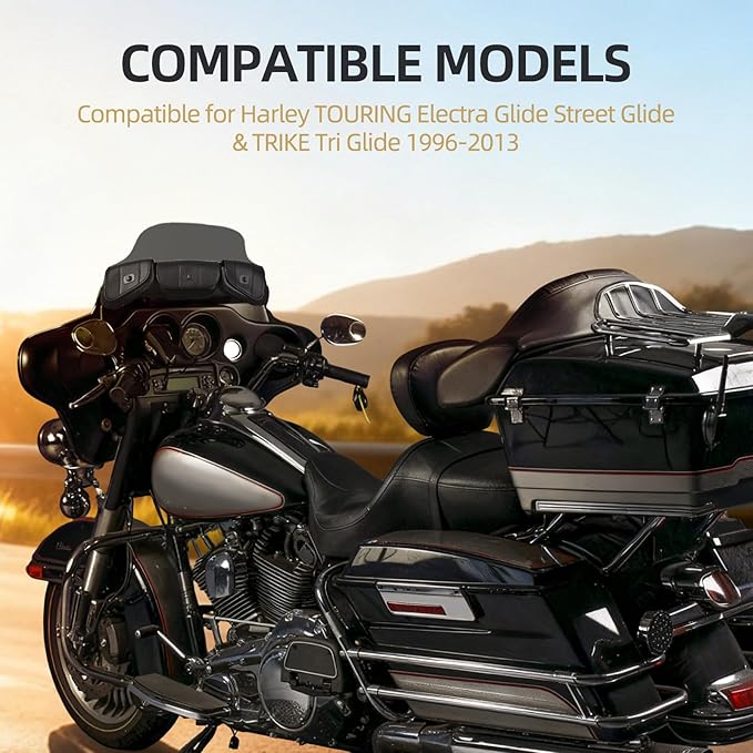 Motorcycle 8" Windshield and Bag Pack, Motorcycle Windscreen with 3 Pouch Bag Fit for 1996-2013 Harley Davidson Touring Street Glide Electra Glide FLH FLHT FLHX FLHTK, Black