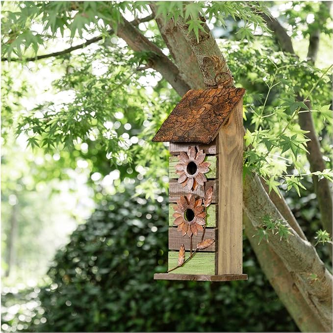 Glitzhome Bird Houses for Outside, 14.45" H Wooden Garden Hanging Bird House Two-Tiered Distressed with Flowers Decorative Birdhouse for Outdoors