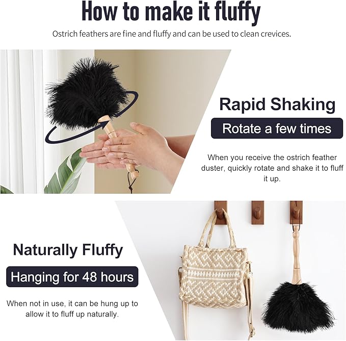 Ostrich Feather Duster 12 Inch Handheld Duster Supplies, Wooden Handle Feather Duster for Cleaning Keyboard Home Car Office (Black)