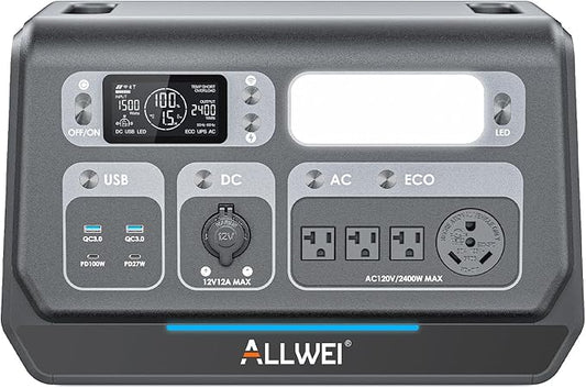 ALLWEI Portable Power Station 2400W(Surge 4800W), 2048Wh LiFePO4 Battery, Solar Generator with UPS, Full Charge in 1.5Hrs, 4 AC Outlets, Generator for RV Outdoor Camping Off-grid Outdoor Home Backup