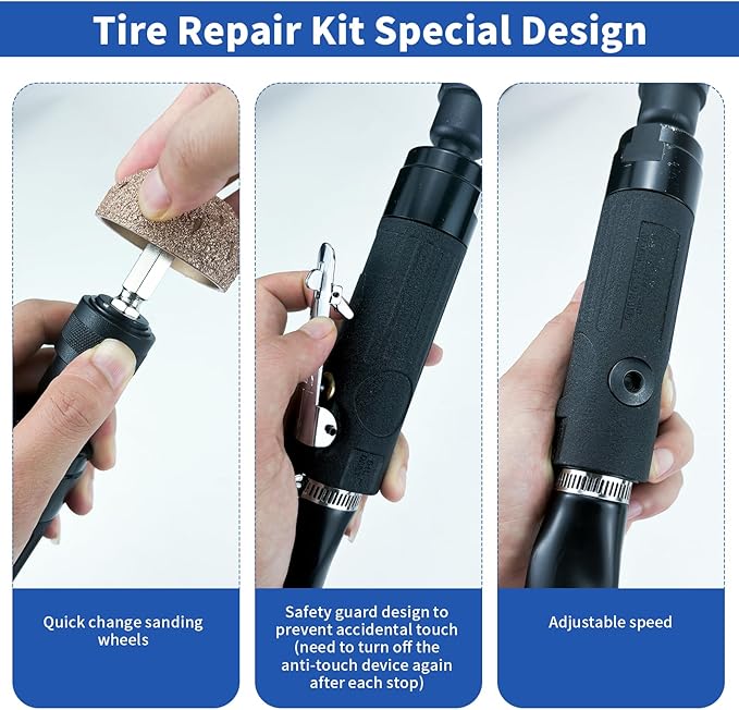 2500rpm Low-Speed Air Tire Repair Kit, Pneumatic Tire Buffer, Tire Patch Roller, Inner Liner Scraper, Tungsten Steel Buffing Wheels (42mm & 55mm) with Quick-Change Chuck, Variable Speed Throttle