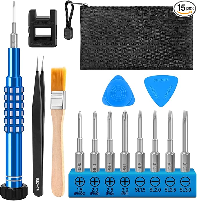 GISVAR 15PCS Precision Screwdriver Set with S2 Steel Magnetic Bits for Glasses, Watches, Laptop Repair | Includes Oxford Pouch, Magnetizer, Tweezers & Pry Tools