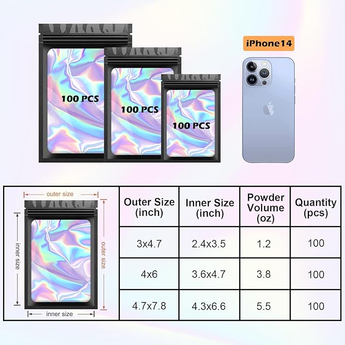 300 Pcs Holographic Mylar Bags, 3 Size Smell Proof Bags with Clear Window Foil Pouch Bags Resealable Bags for Small Business and Food Storage, Black