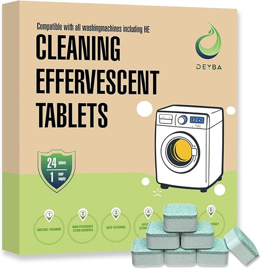 DEYBA Washing Machine Cleaner Tablets – Instant Foaming, Fast Dissolve, Eco-Friendly Odor Removal, Deep Cleaning for HE Front & Top Load, 24 Tablets