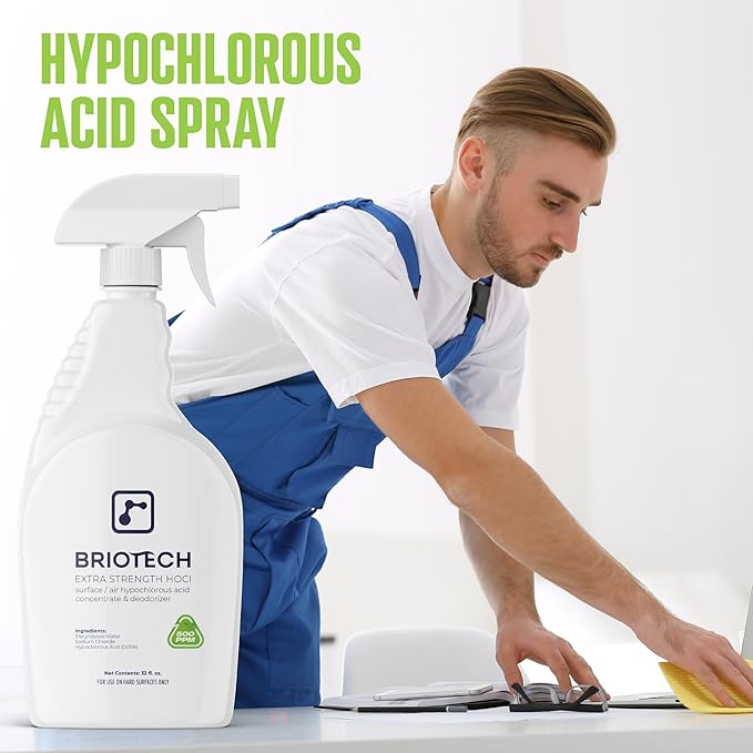 BRIOTECH Extra Strength HOCl Cleaner, 500 PPM Hypochlorous Acid Concentrate, ULV Foggers & Humidifiers, Professional Deodorizer for Dental, Offices, Schools, Homes, Peroxide Free, 32 fl oz (4 Pack)