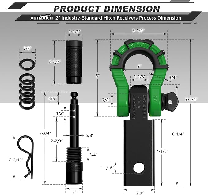 AUTMATCH Shackle Hitch Receiver 2" with 3/4" Mega D Ring Shackle and 5/8" Trailer Hitch Lock Pin, 68,000 Lbs Break Strength Heavy Duty Receiver Kit for Off-Road Vehicle Recovery, Black & Dark Green