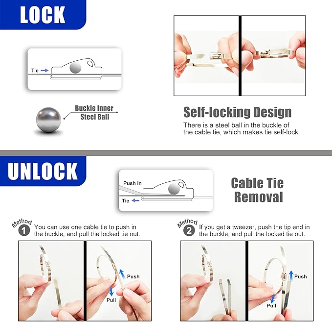 Stainless Steel Cable Tie Tool Kit with 200PCS Self-Locking Metal Wire Ties (7.9" & 11.8") - For Fencing, Cable Bundling, Exhaust Repair, and Structural Reinforcement.
