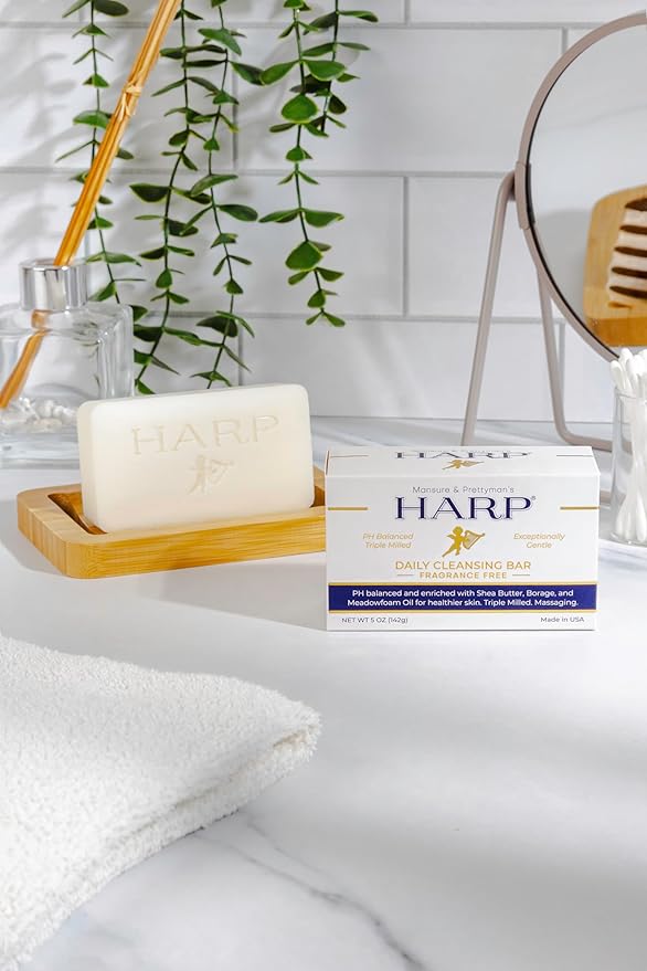 HARP pH-Balanced (5.0-6.0) Body Wash Bar. 100% Syndet. Protects Moisture Barrier For Sensitive, Dry or Irritated skin. + Shea Butter/Borage Oil. Non-Comedogenic. FRAGRANCE FREE