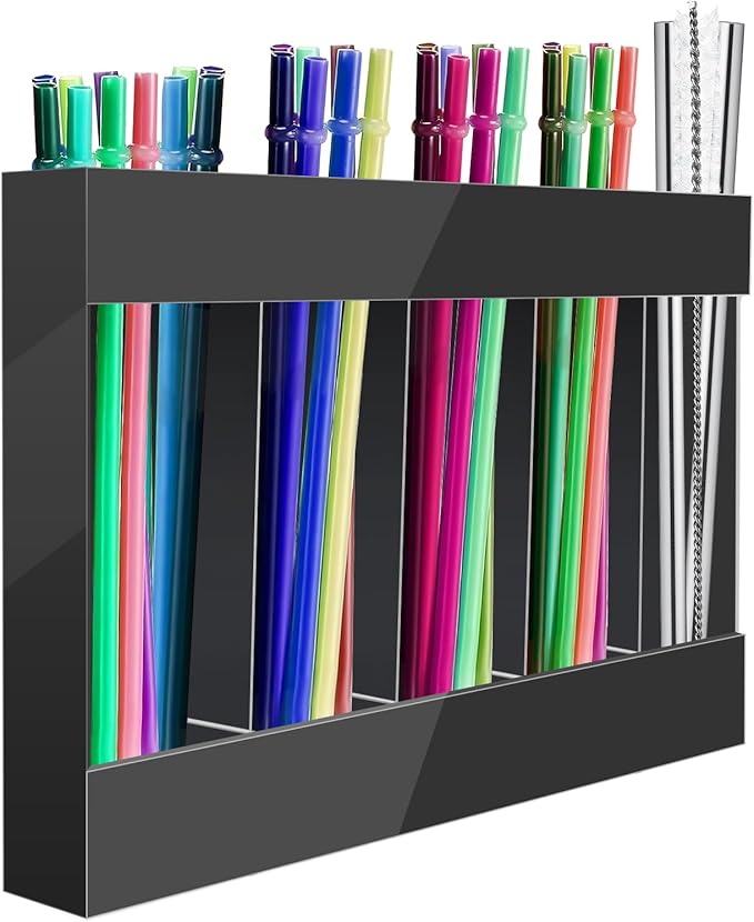 Straw Holder Acrylic for Cabinet Reusable Organizer Dispenser 5-Grid Straw Rack Comes with 8 Double-Sided Tapes and 15 Classification Label Stickers (Black)