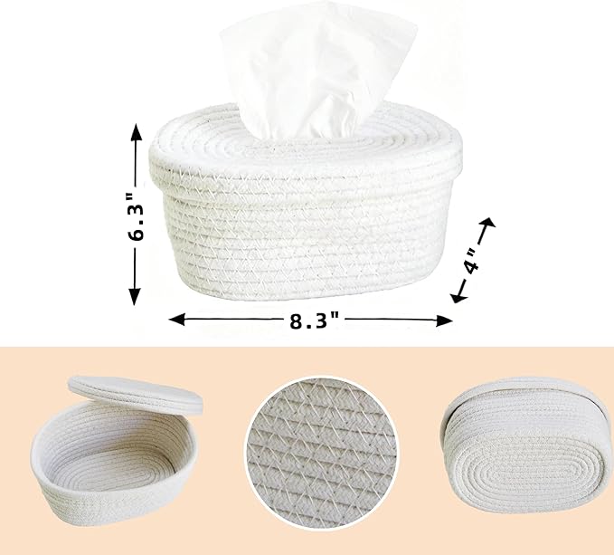 2 Pack Modern White Woven Tissue Box Cover - Decorative Tissue Holder for Bathroom Countertop, Living Room Table, Office Desk, Bedroom Dresser and Night Stand