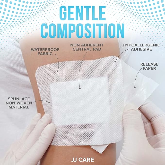 JJ CARE Waterproof Adhesive Island Dressing [Pack of 50], 4" x 5" Sterile Bordered Gauze, Breathable Island Wound Dressing, Individually Wrapped Adhesive Gauze Bandages with Non-Stick Central Pad