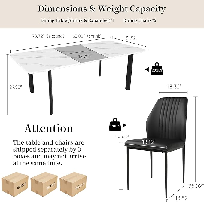 Extendable Dining Table Set for 6-8 People, 63 to 78.7 Inch MDF Kitchen Table with 6 Upholstered Chairs, Space-Saving for Dining Room, Breakfast Nook(White Table & 6 Black Chairs)