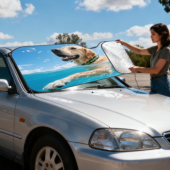 Custom Car Windshield Sun Shade, Design Your Own Image or Text, Keeps Vehicle Cool, Personalized Foldable Front Window Visor Reflective UV Protector Aluminum Foil Sunshield