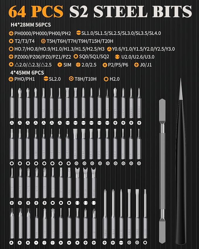 LCORE 67 in 1 Electric Screwdriver Set, 4 Adjustable Torque (0.05 to 0.35 N.m with Manual 5N.m Mode), 62 S2 Steel Bits, Magnetic Storage Case, 4 LED Lights for Electronics Phone Laptop Camera Repair