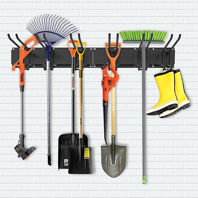 FELLER 9-Piece Garage Slatwall Hook Kit – 6 Double Utility Hooks + 3 Mounting Plates (16" O.C., 50" Total Width) – Extra Heavy Duty Slat Wall Hanger Holder Set for Tools