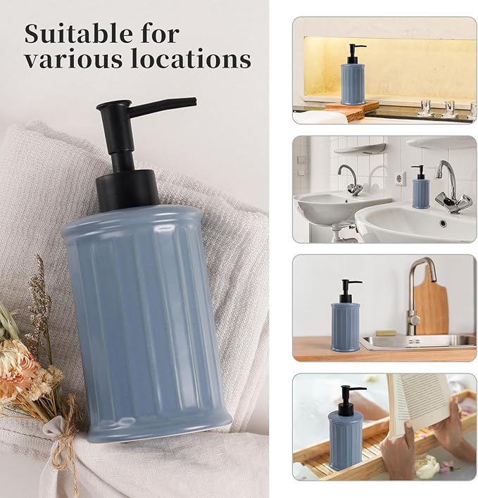 Soap Dispenser, Ceramic Liquid Dish Soap Dispenser 11.84OZ, Hand Soap Dispenser for Kitchen Bathroom, Refillable Shower Soap Dispenser, Blue-Grey, ANTIS'S HOME