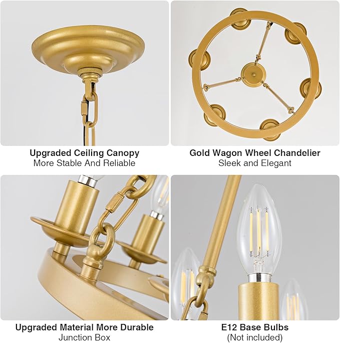 Wagon Wheel Chandelier, 6-Light Gold Modern Rustic Farmhouse Chandelier Adjustable Height Pendant Kitchen Light for Ceiling Hanging Dining Room, Living Room, Entryways, Foyer