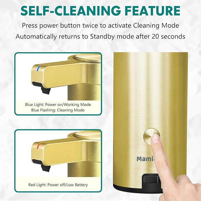 Automatic Soap Dispenser Stainless Steel with Sensor Infrared Soap Dispenser Electric IPX5 Waterproof USB-C Charging Motion Sensor for Kitchen & Bathroom (Gold)