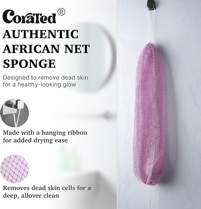 CORATED African Net Sponge Authentic, Shower Loofah Exfoliating Bath Sponge, Body Scrubber for Women and Men Daily Use Body Care, Travel Portable Bath Accessories for Bathroom (Purple & Light Purple)