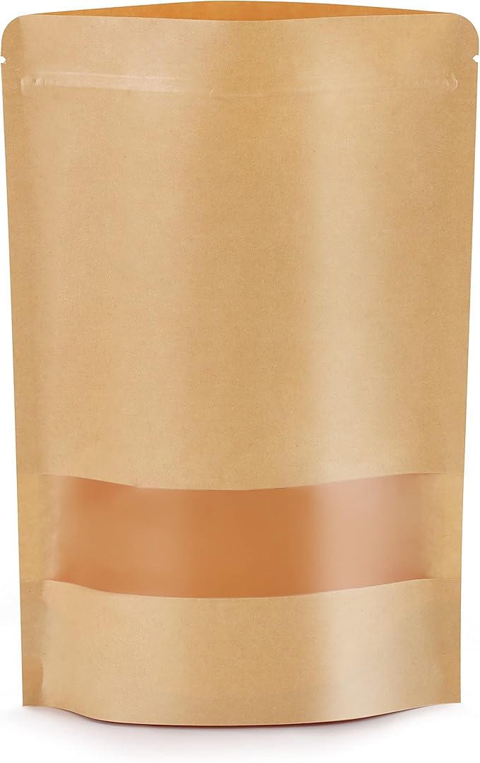 50pcs Kraft Bags with Window 3.5x5.5 Inches Brown Reusable Sealable Zip Lock Food Storage Stand up Paper Pouches for Home or Business