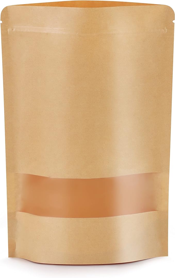 100pcs Kraft Bags with Window 5.9x8.6 Inches Brown Reusable Sealable Zip Lock Food Storage Stand up Paper Pouches for Home or Business