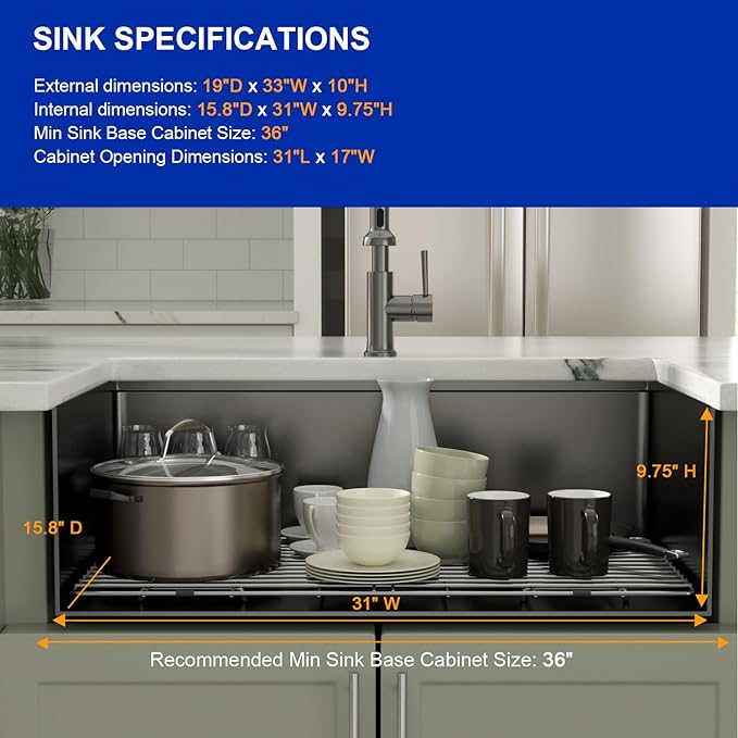 Dcolora 33" Black Undermount Kitchen Sink Workstation NANO-PVD Kitchen Sinks with Ledge Round Corner 16 Gauge Stainless Steel Single Bowl Basin, Gunmetal Black 33"x19’x10", DC-U7706