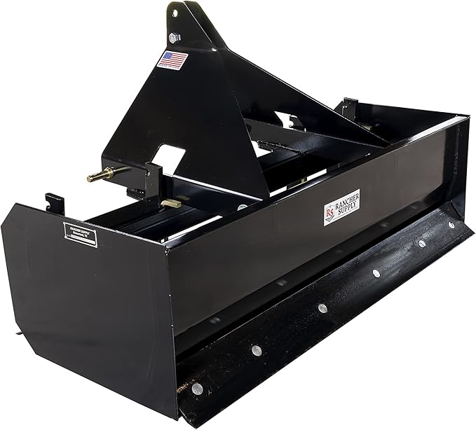 5 FT Box Blade Scraper by Rancher Supply – CAT 1-3 Point Hitch Attachments for Moving Dirt, Backfilling Holes, Spreading Soil, Leveling and Grading Land