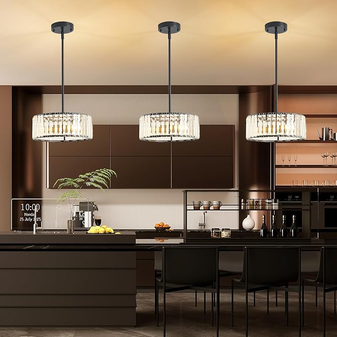 Black Crystal Chandelier for Dining Room,Modern Semi Flush Mount Ceiling Light Fixtures,3-Ligh Round Kitchen Hanging Drum Pendant Light Fixture for Hallway Entryway Foyer Laundry Room, 12''