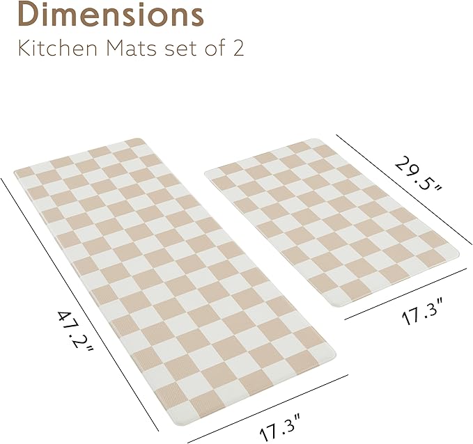 Beige Khaki Checkered Kitchen Mats for Floor Set of 2, 2 Pcs Cushioned Non Slip Runner Rugs for Kitchen/Sink/Laundry, Comfort Aesthetic Cute Anti-Fatigue Foam Floor Mat 17.3"x29.5"+17.3"x47.2"