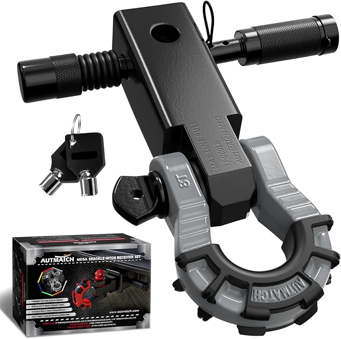 AUTMATCH Shackle Hitch Receiver 2" with 3/4" Mega D Ring Shackle and 5/8" Trailer Hitch Lock Pin, 68,000 Lbs Break Strength Heavy Duty Receiver Towing Kit for Off-Road Vehicle Recovery, Black & Gray