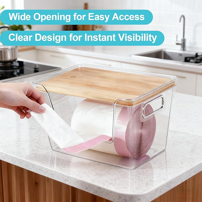 2-Pack Trash Bag Holder with Bamboo Lid, Acrylic Stackable Trash Bag Dispenser for 13/30/33 Gal Bags, Large Garbage Bags Dispenser Holder for Kitchen Laundry Room Under Sink Organization