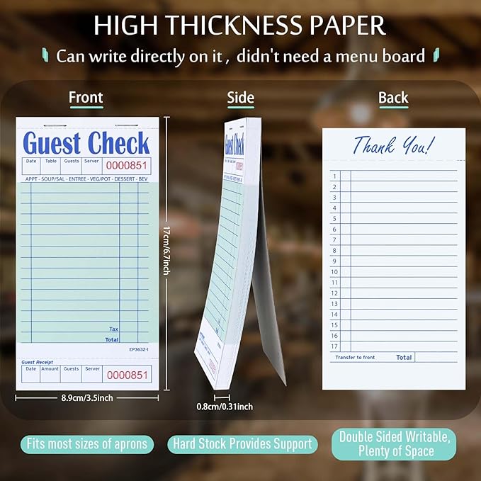 DGBDPACK 6 Guest Checks for Servers, Server Note Pads, Waiter Checkbook, Waitress Notepad for Restaurants, 50 Sheets/Pack, 300 Total Tickets,Thin Paper Checks