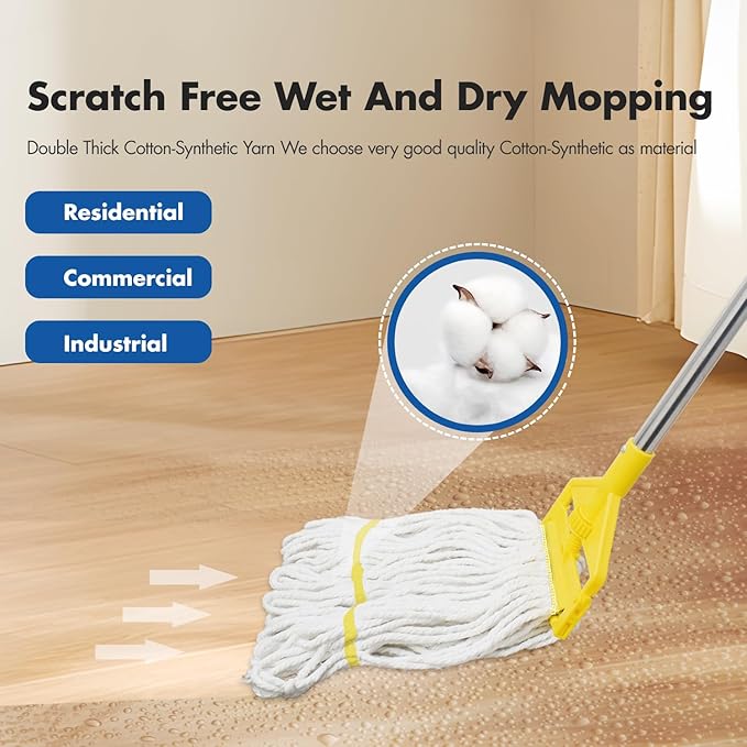 KULED Heavy Duty Industrial Mop, Commercial Cotton Mop with 59 Inch Handle, Looped-End String Wet Mops with 2 Heads for Floor Cleaning, Workshop, Warehouse, Home and Garage