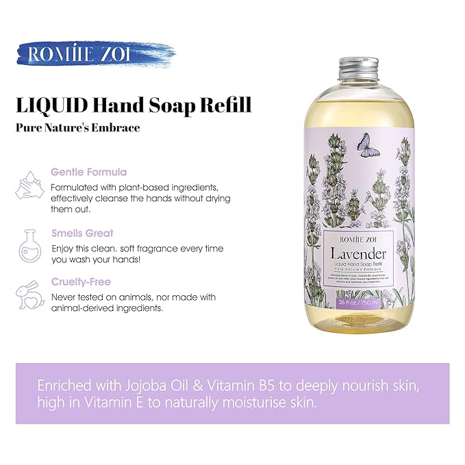 ROMIIE ZOI Liquid Hand Soap Refill, Lavender, Gentle & Moisturizing Formula, 750 ML/ 26 FL OZ