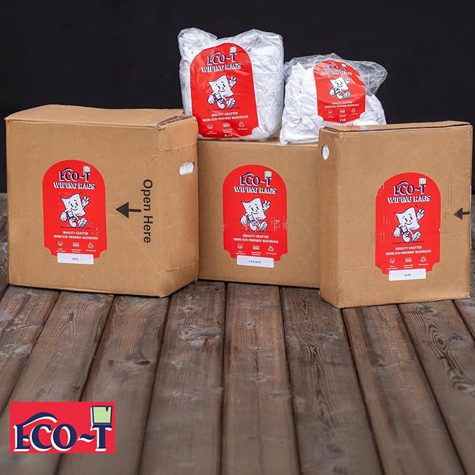 10 lb Box Eco-T Paint Rags - White T-Shirt Material, 100% Recycled, Eco-Friendly, High Absorbency, Low Lint, Low-Cost, Painting and Cleaning Cloth