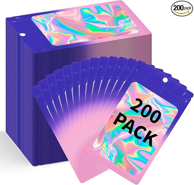 200 Pack Resealable Mylar Holographic Bags Food Storage Smell Proof Bags with Front Window Foil Packaging Pouch for Candy Sample Jewelry Small Business 3.15×5.51 Inch, Blue Fade Purple