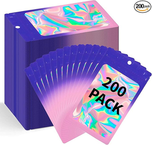 200 Pack Resealable Mylar Holographic Bags Food Storage Smell Proof Bags with Front Window Foil Packaging Pouch for Candy Sample Jewelry Small Business 4.13×5.91 Inch, Blue Fade Purple