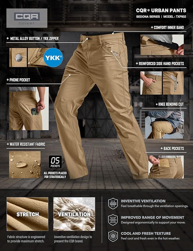 CQR Men's Vent Stretch Pants, Quick Dry Lightweight Casual Cargo Pants, Water Resistant Straight-Fit Utility Work Pants