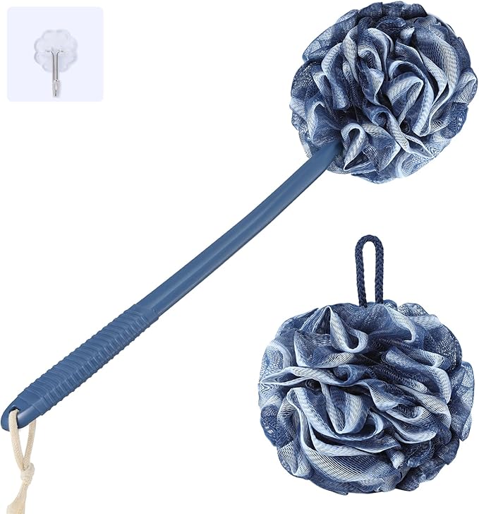 VANZAVANZU Loofah Sponge Set Loofah Exfoliating Body Scrubber, Anti-Slip Plastic 17" Handle Loofah on a Stick with Fluffy Shower Sponge, PE Soft Mesh Shower Loofahs-Blue with White Edge