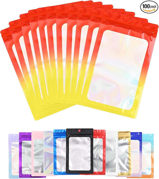 100 Pack Resealable Plastic Bags for Food Storage, Zipper Bags with Clear Front Window, Packaging Pouch for Small Business (Red & Yellow, 5.5x7.9 inch)