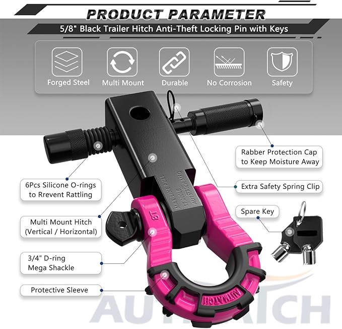 AUTMATCH Shackle Hitch Receiver 2" with 3/4" Mega D Ring Shackle and 5/8" Trailer Hitch Lock Pin, 68,000 Lbs Break Strength Heavy Duty Receiver Towing Kit for Off-Road Vehicle Recovery, Black & Pink
