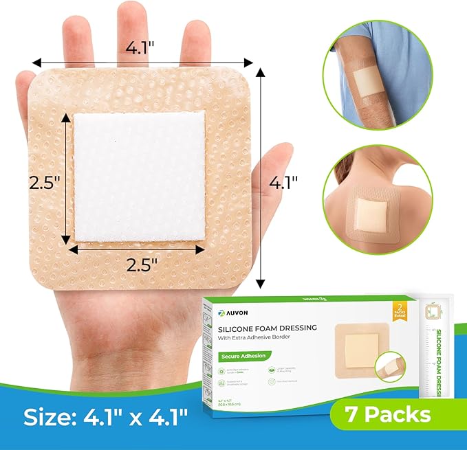 AUVON Silicone Foam Dressing with Large Adhesive Border, 4" x 4" 7 Packs Wound Dressing Bandage with High Absorbency, Waterproof Silicone Foam Pads for Wound Care & Protection Plus Cushioning
