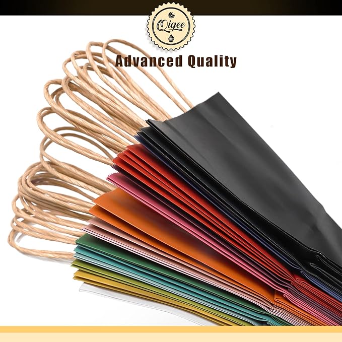 qiqee 100-Packs Paper Bags with Handles Bulk 8.26"×6"×3.15" Small Gift Bags 16 Different Senior Color Bags Multiple Uses（Small Size）