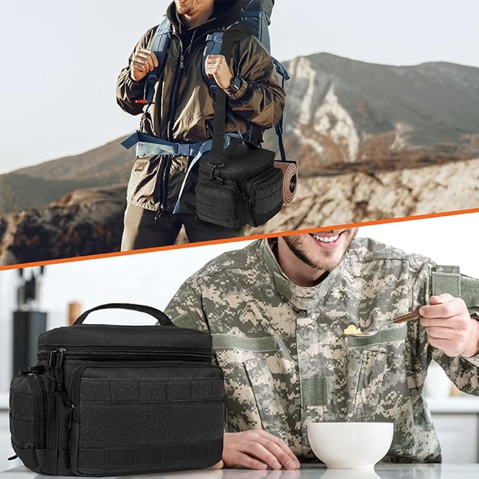 opux Tactical Lunch Box for Men, Black Mens Insulated Lunch Bag for Adult, Leakproof Soft Lunch Cooler with MOLLE Mesh Side Pockets, Multicam Heavy Duty Lunchbox Pail for Work Women, Medium 10 Cans